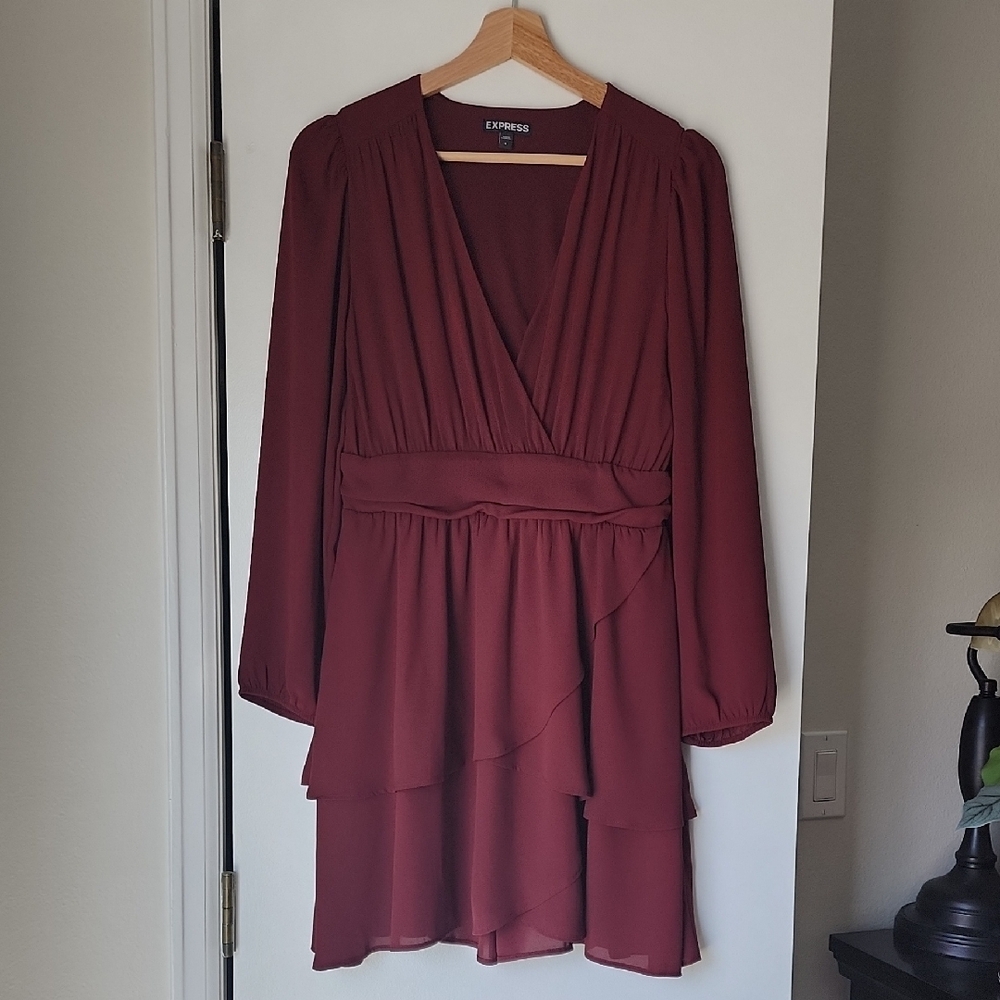 Express Burgundy Ruched Wrap Mini Dress with Bishop Sleeves